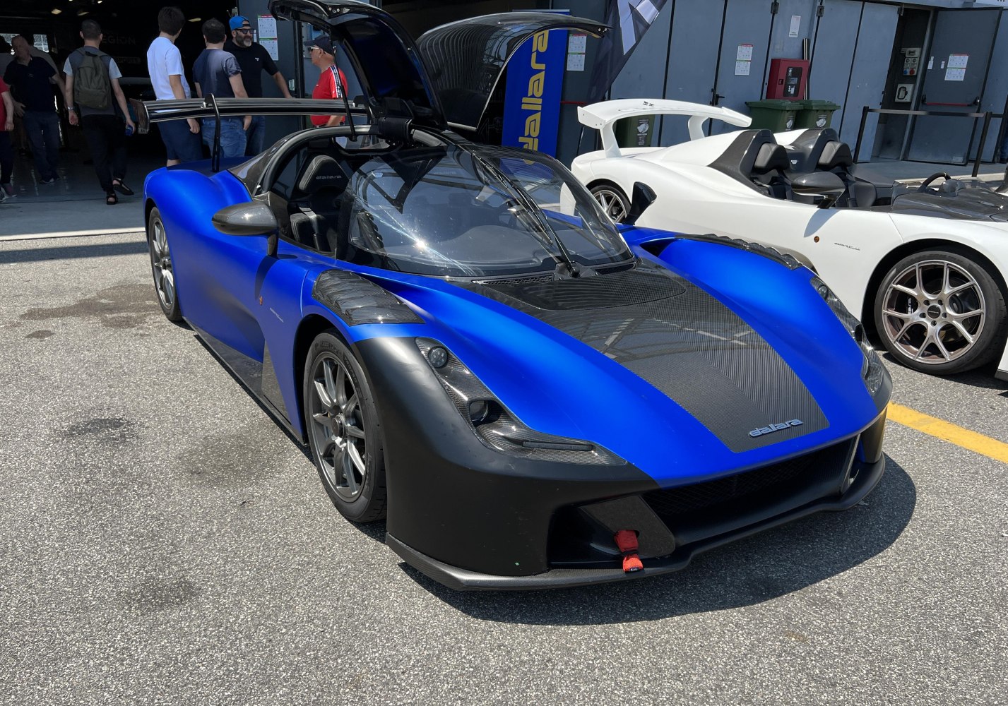 Gullwing doors sportscar with carbon fiber hood and aerodynamic design.