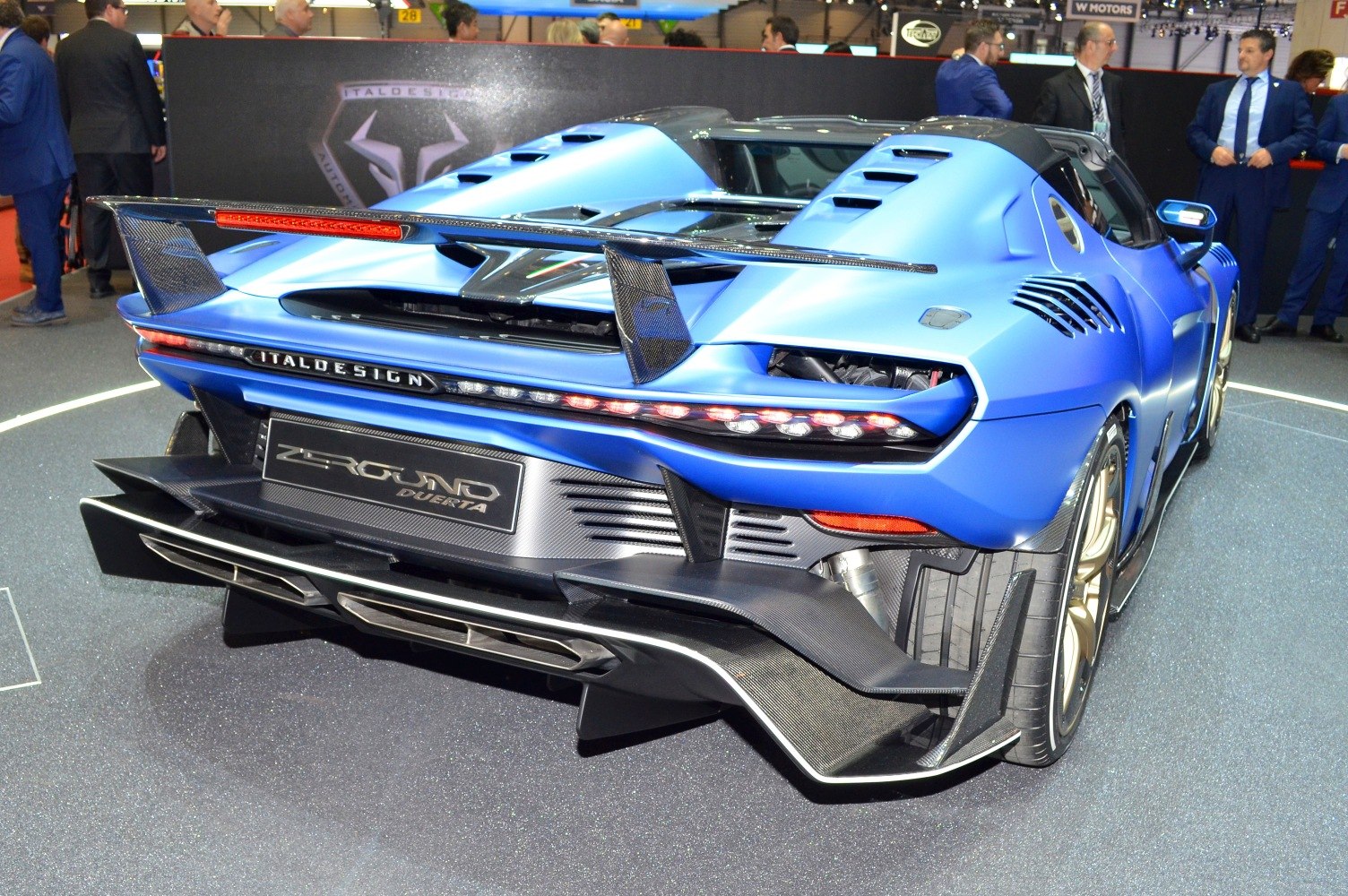 Diamond blue rear with large rear wing and aerodynamic diffuser