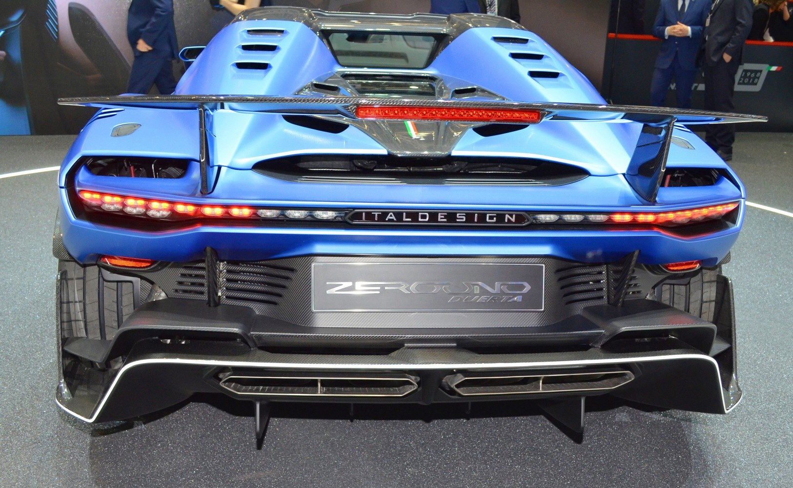 Rear aerodynamic features with LED taillights and large rear wing