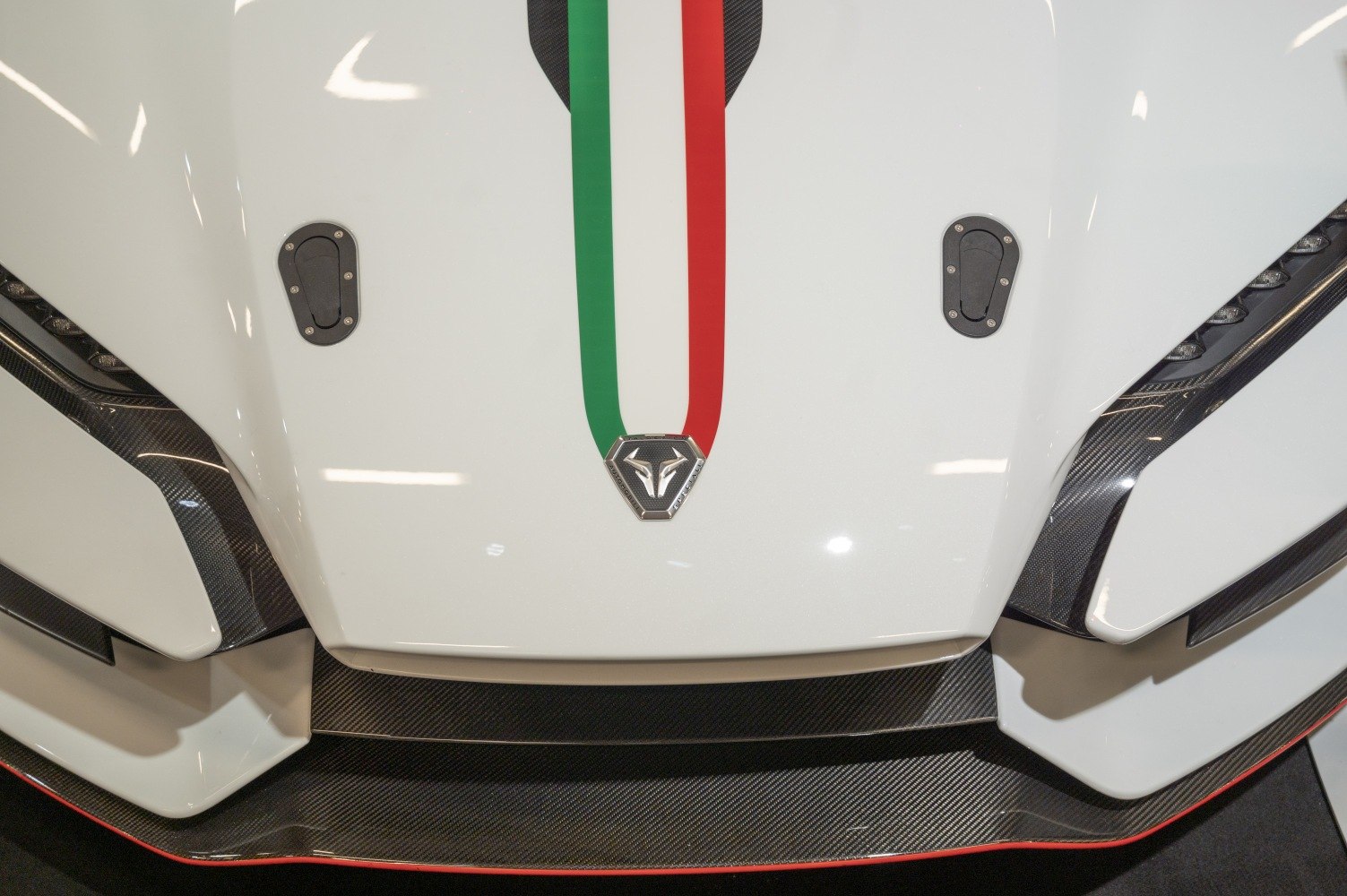 Front hood with carbon fiber details and Italian flag racing stripe