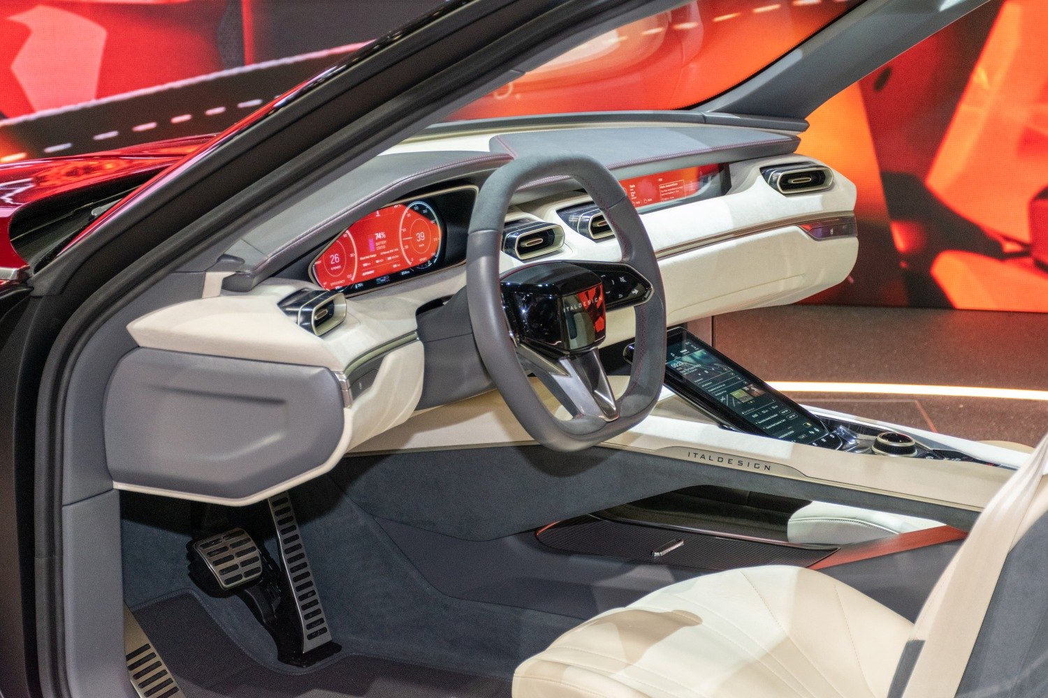 Futuristic dashboard and unique steering wheel with digital displays