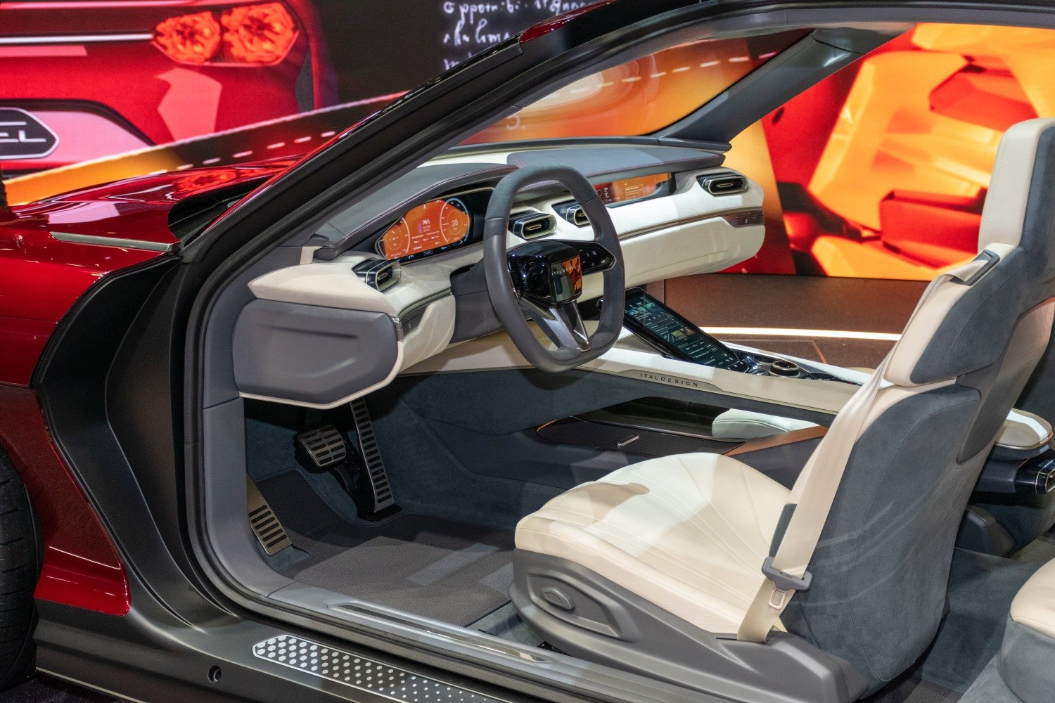 Futuristic car interior with digital dashboard and designer seats