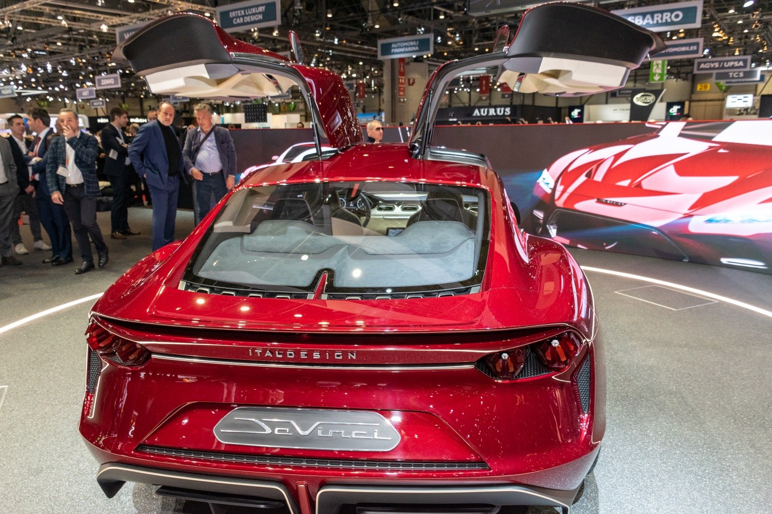 Rear view with gullwing doors and sleek design