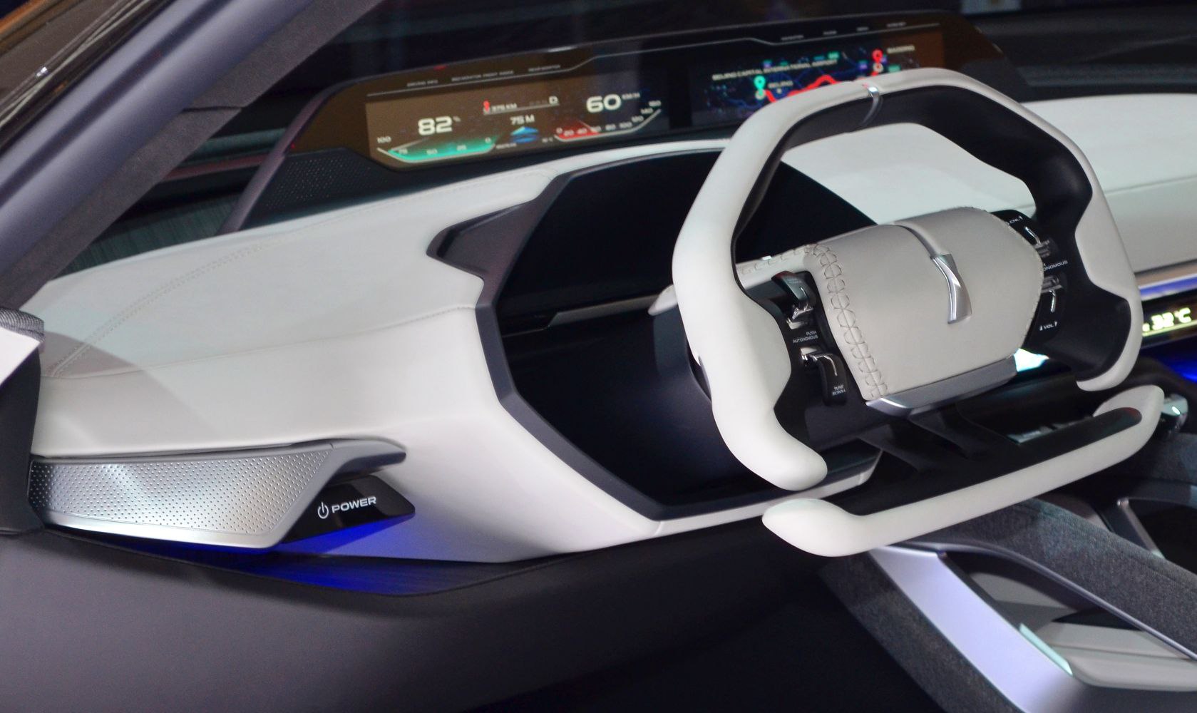 Modern electric car steering wheel and digital dashboard with control buttons