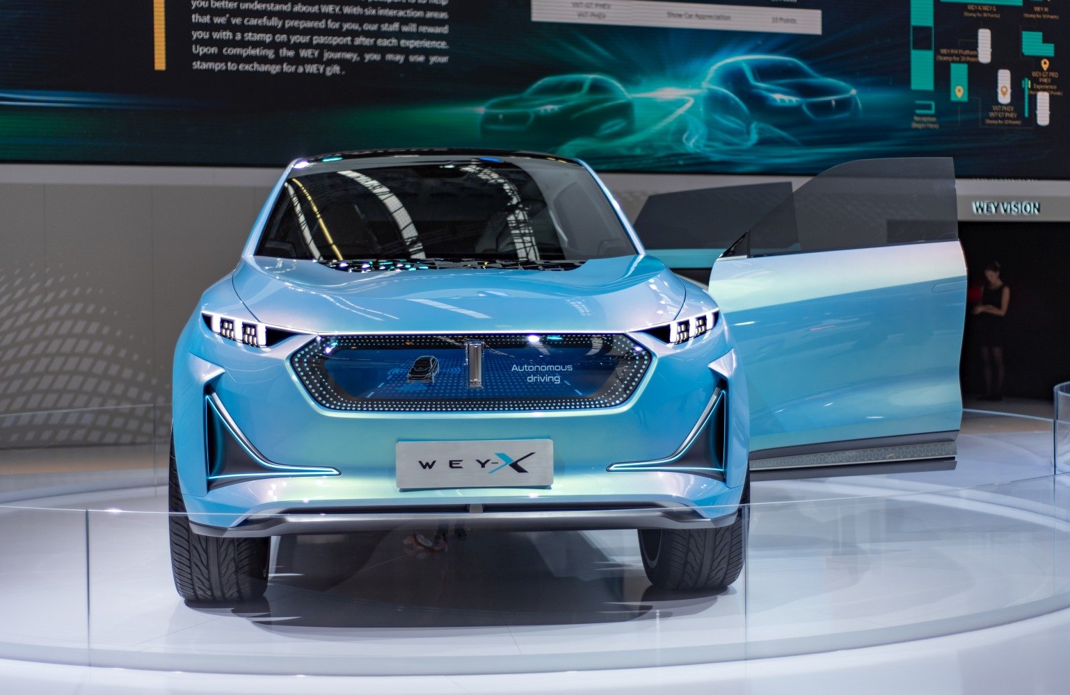 Futuristic front view with LED headlights and autonomous driving display