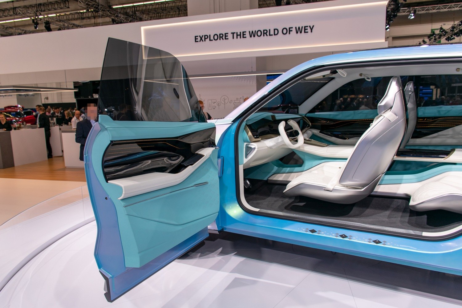 Futuristic car interior with unique door and avant-garde seats