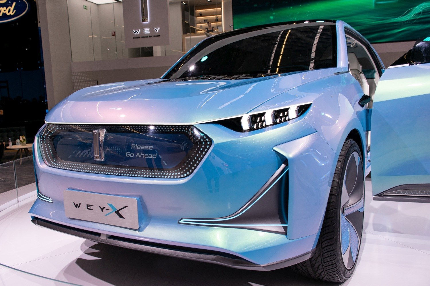 Futuristic LED headlights and sleek front grille design