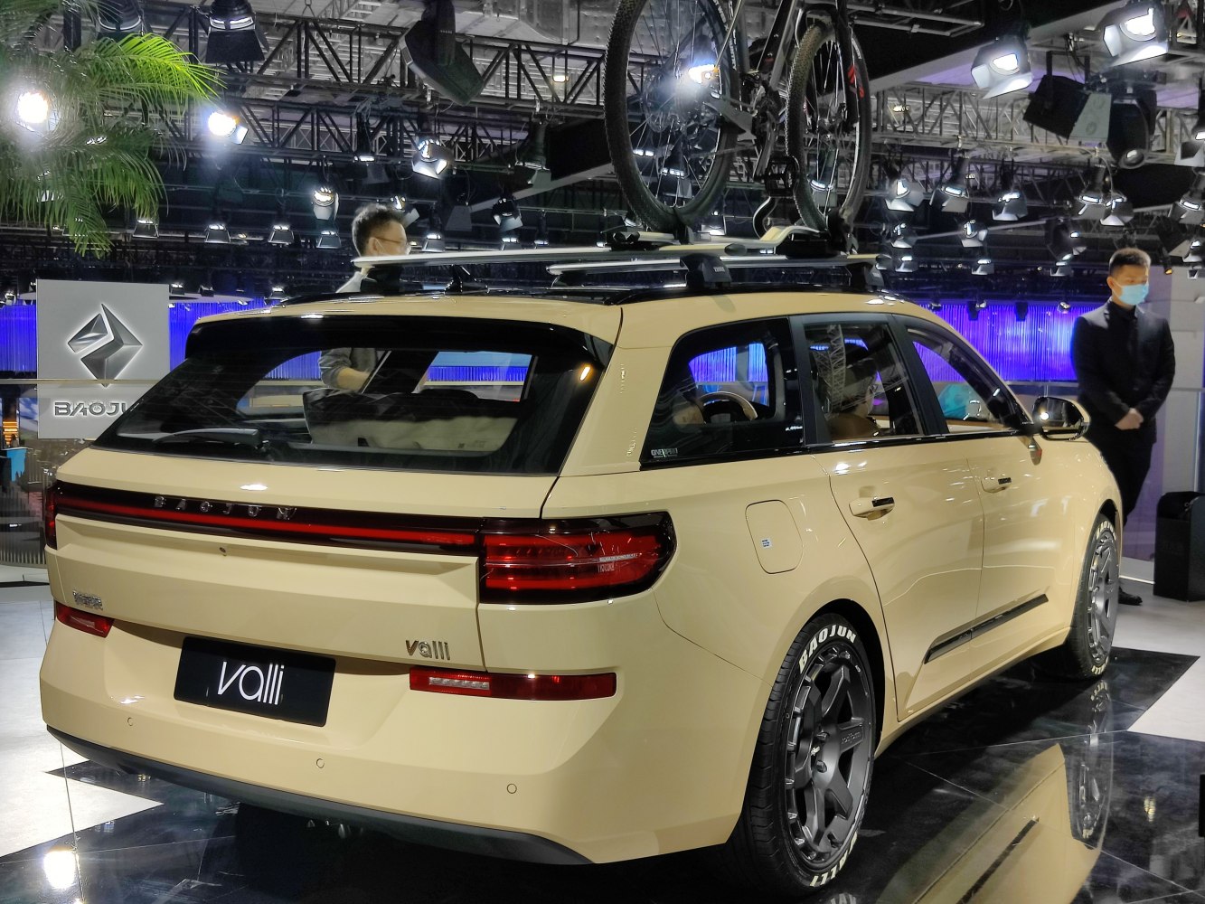 Rear view of beige wagon with roof bike rack and sleek taillights