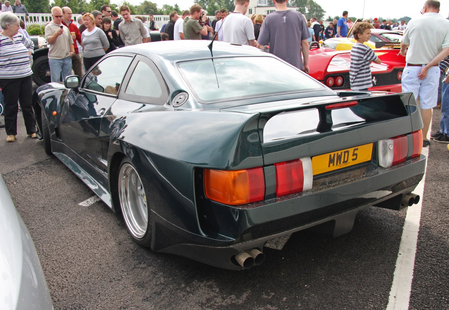 Rear and side view of a car with wide fenders and rear spoiler