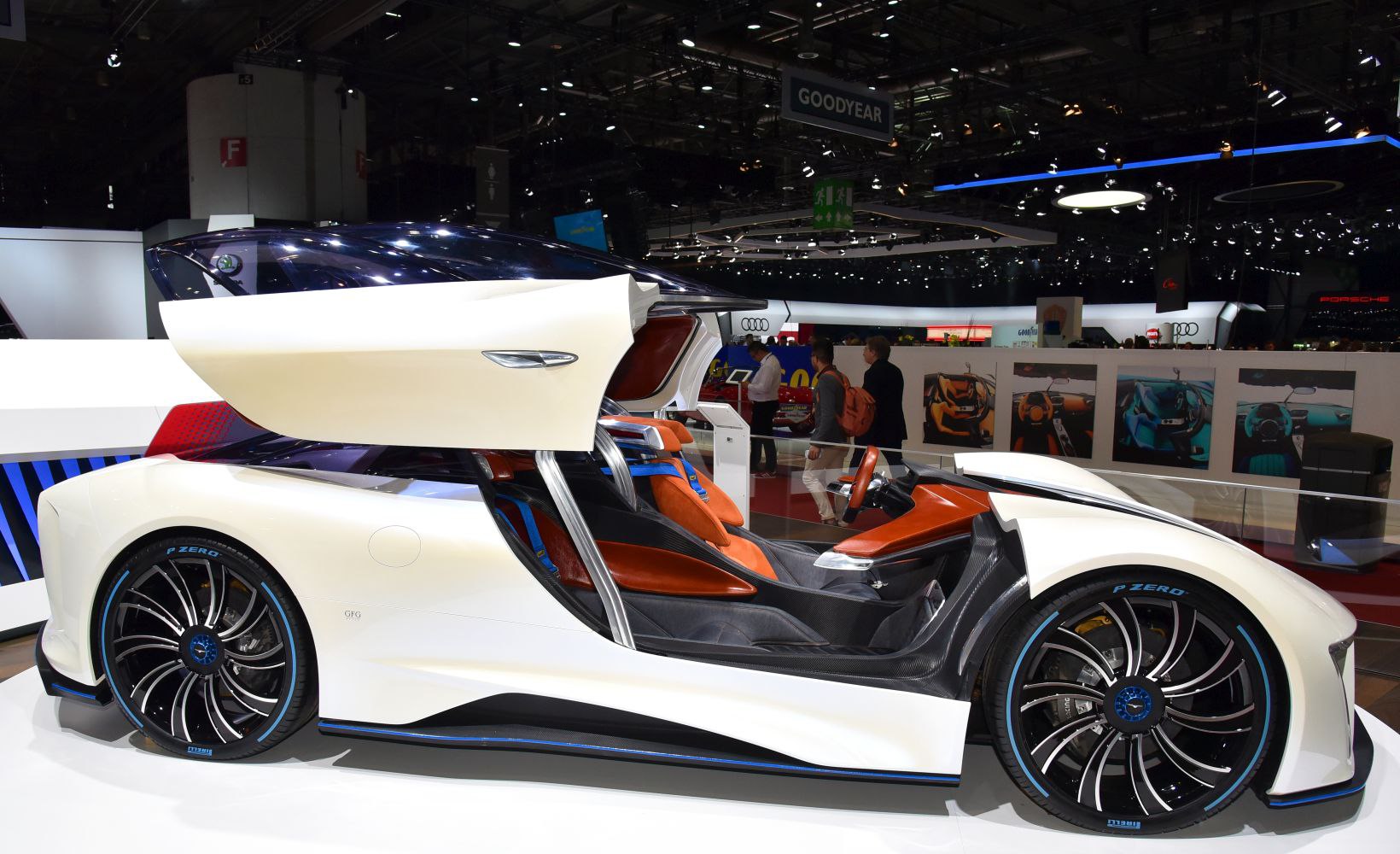 Gullwing doors and sporty futuristic interior with orange seats