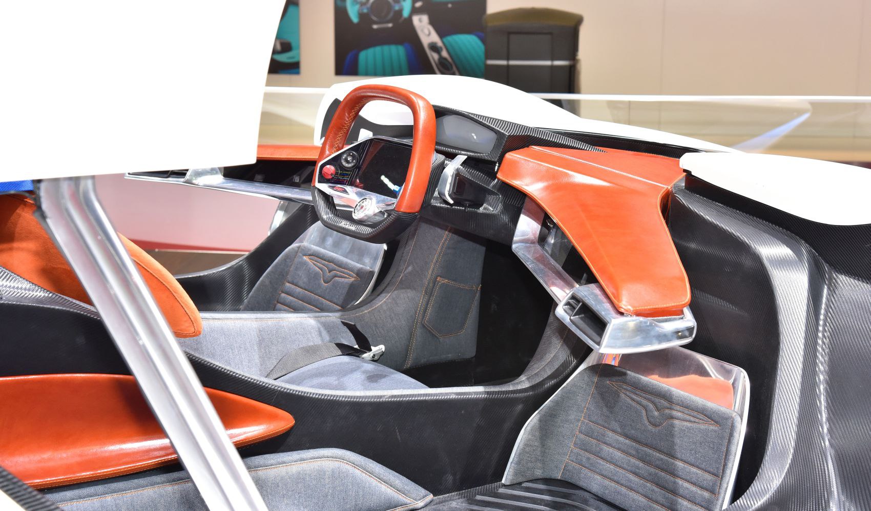 High-tech steering wheel and futuristic dashboard with premium seats