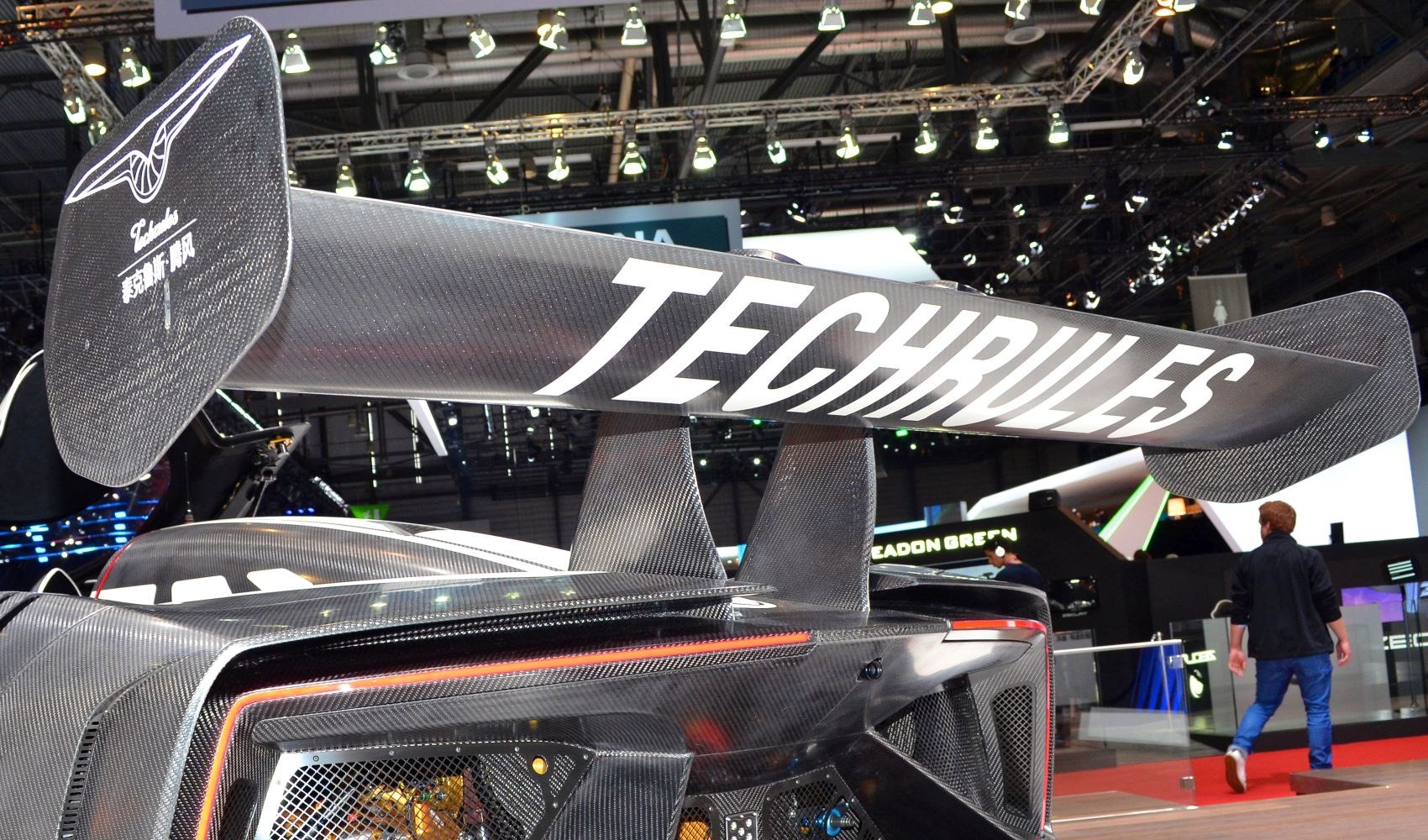 Large carbon fiber rear wing spoiler with bold Techrules branding