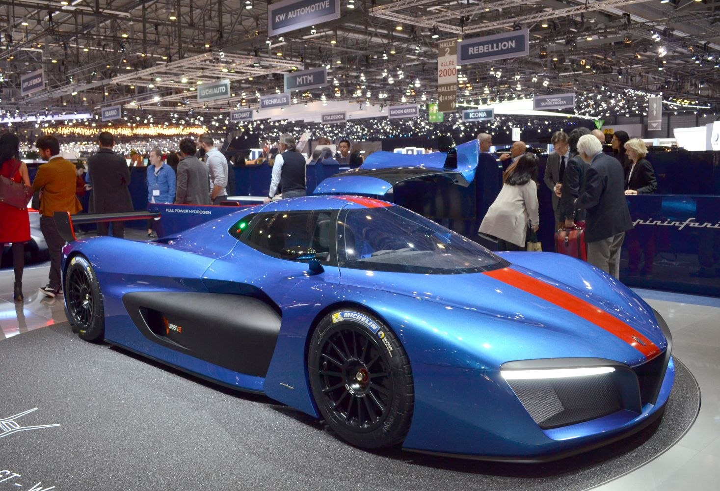 Blue hydrogen hypercar with aerodynamic design and racing features