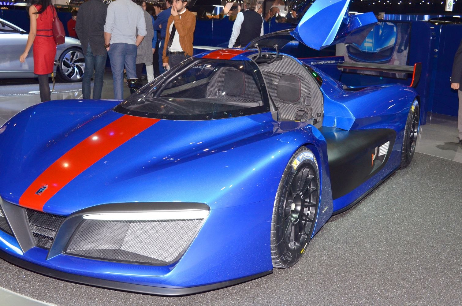 Blue race prototype with red stripe and gullwing door