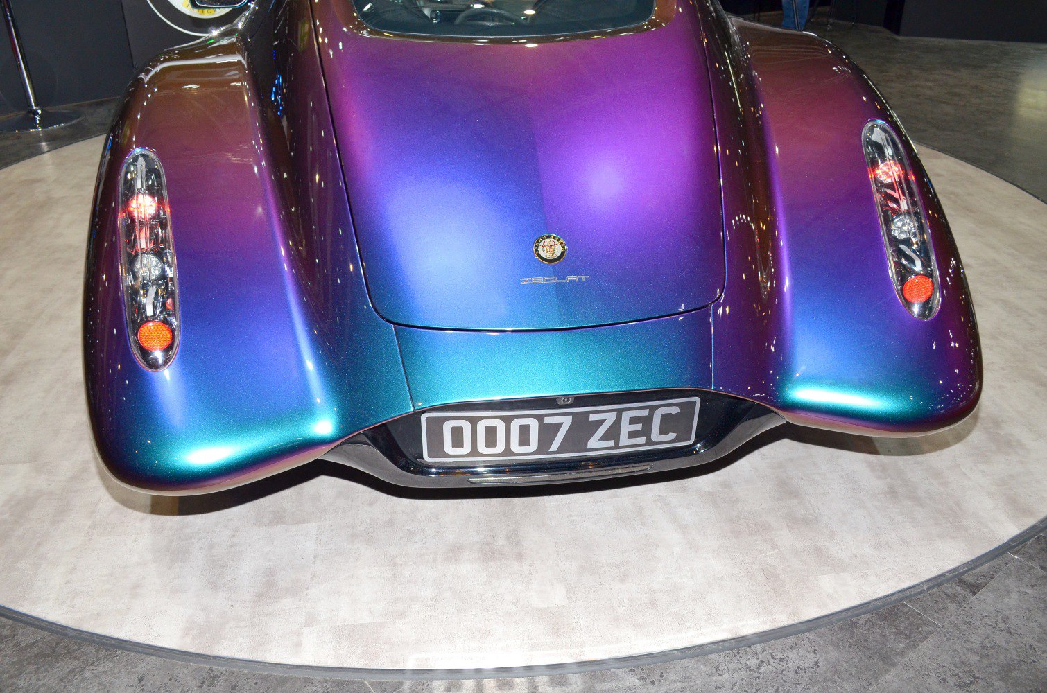 Rear end with iridescent paint and elongated tail lights