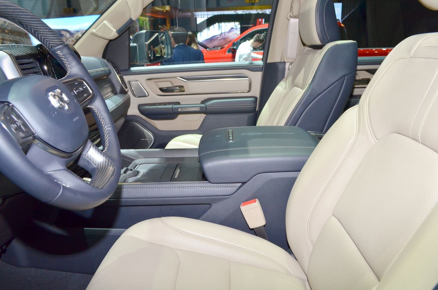 Premium leather seats, detailed steering wheel, spacious center console