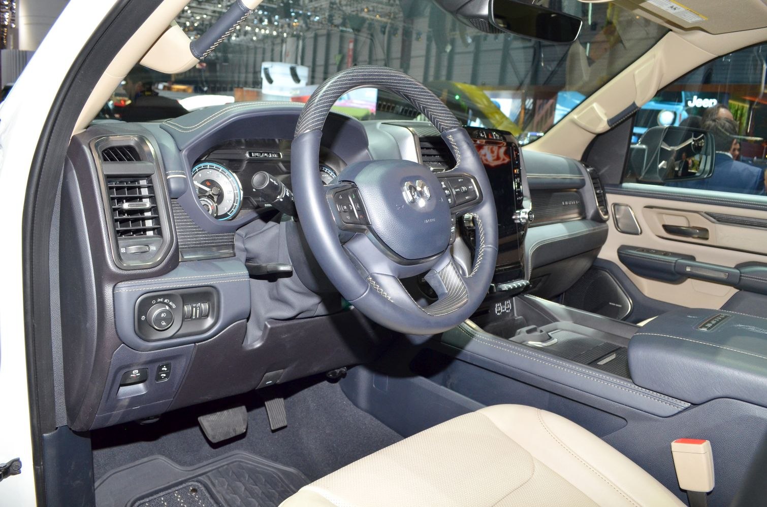 Steering wheel and dashboard with digital displays and controls