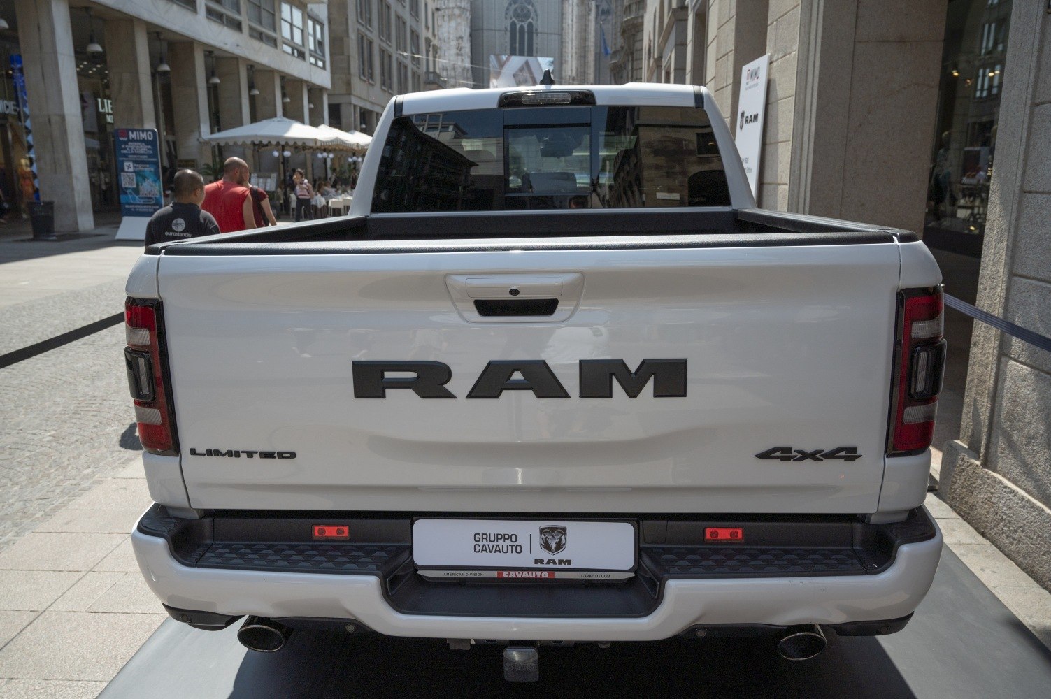 Rear tailgate and dual exhaust of a pickup truck