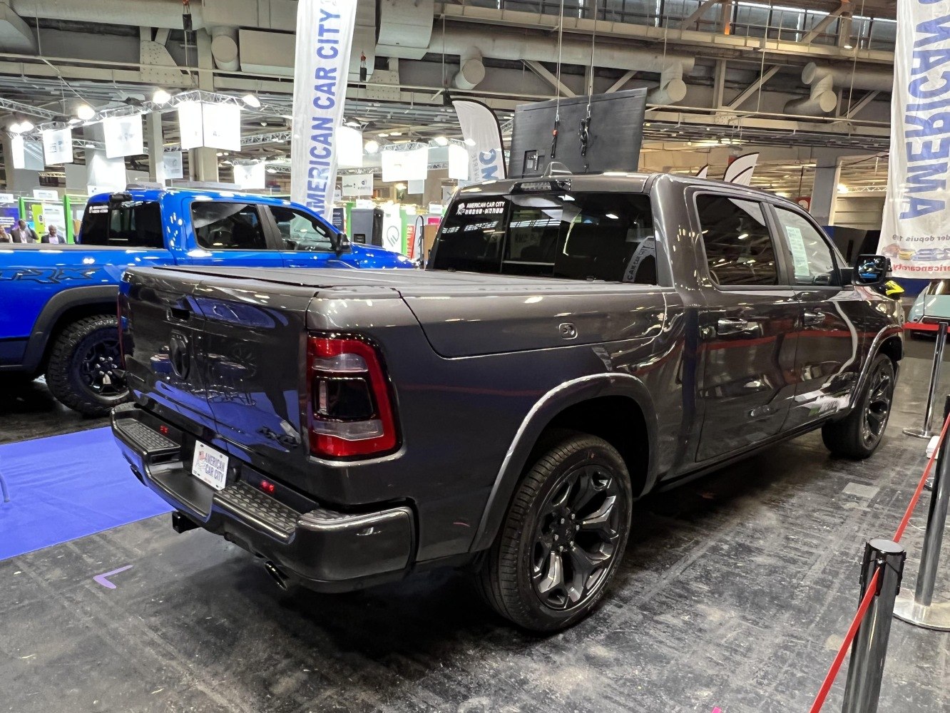 Rear and side view of pickup with crew cab and closed bed cover