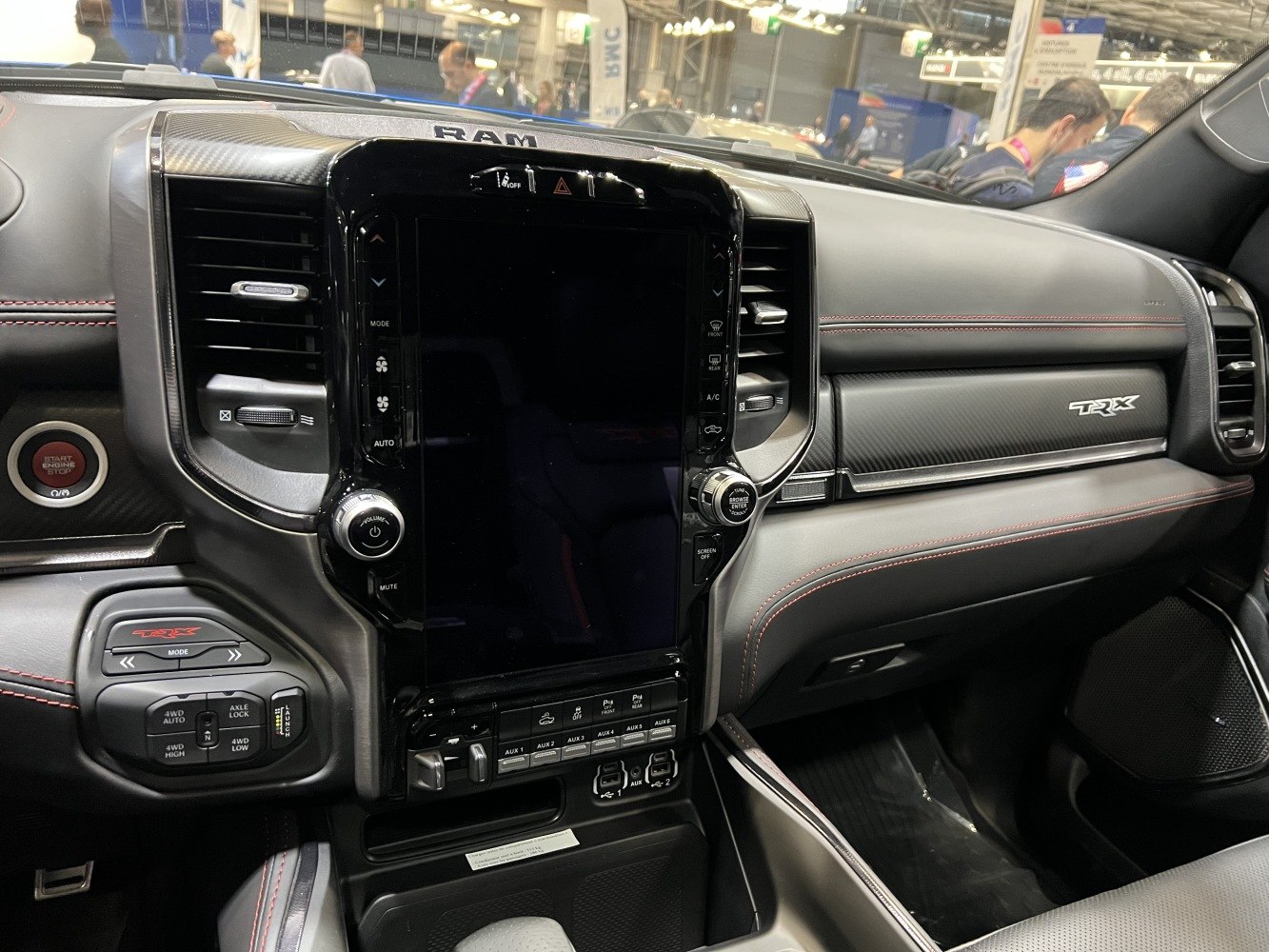 Large vertical touchscreen and TRX badged dashboard in truck interior