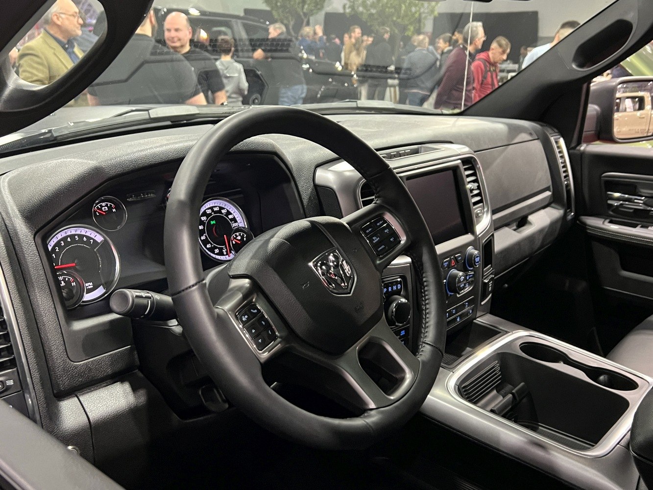 Dashboard, steering wheel, and center console of a modern pickup interior