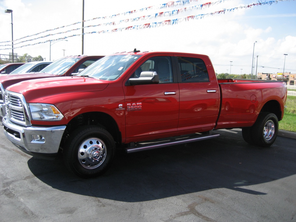 Dual rear wheel pickup truck with crew cab and chrome details