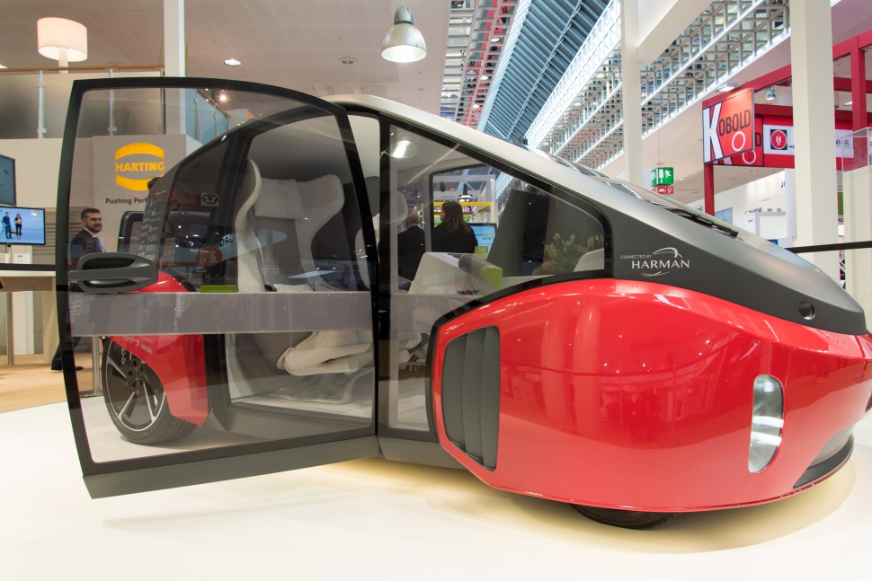 Transparent door and futuristic interior of autonomous electric vehicle