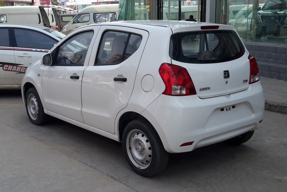 Rear and side view of a compact hatchback with steel wheels