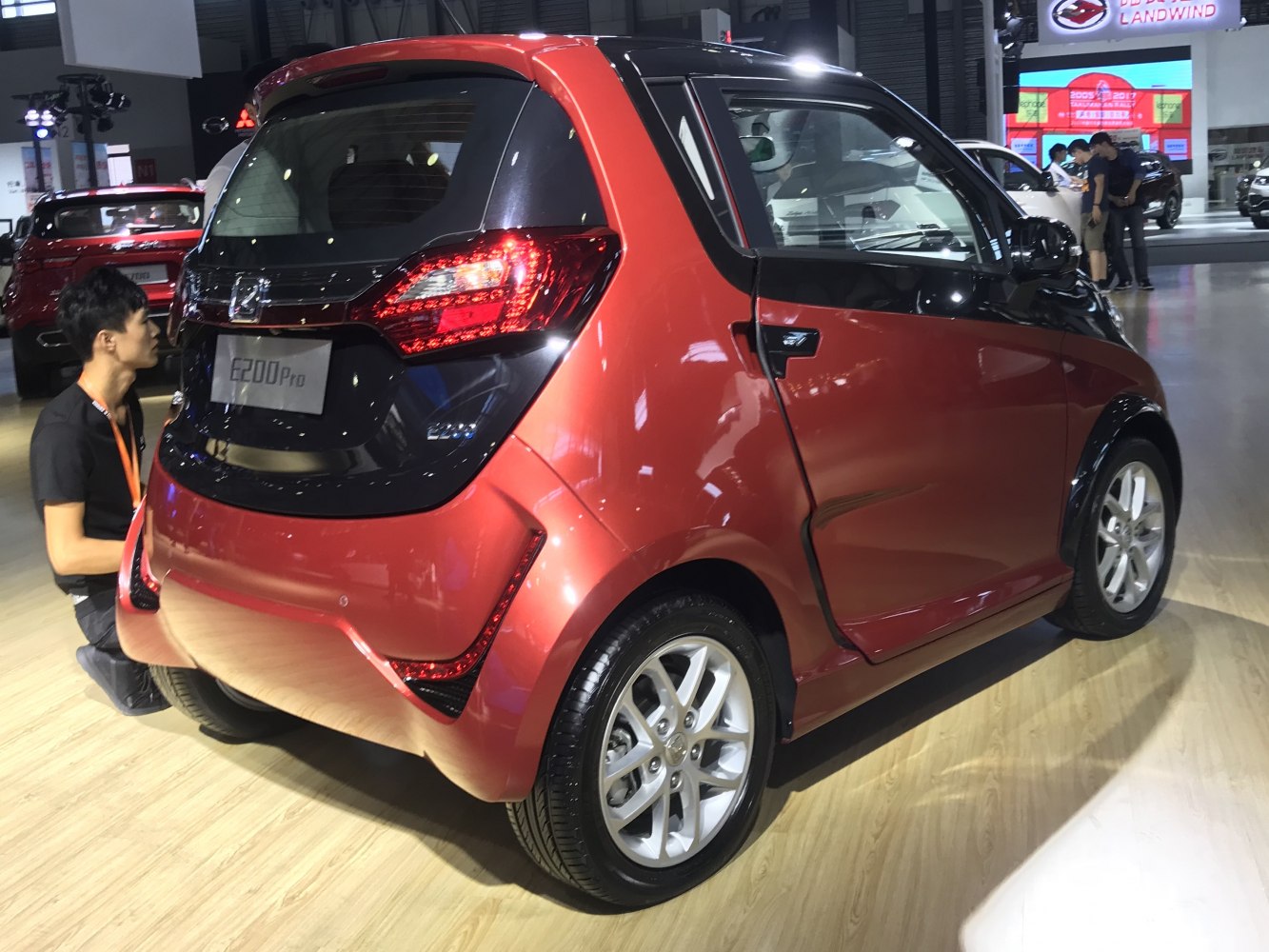 Rear view of compact electric hatchback with modern taillights and aerodynamic bumper.