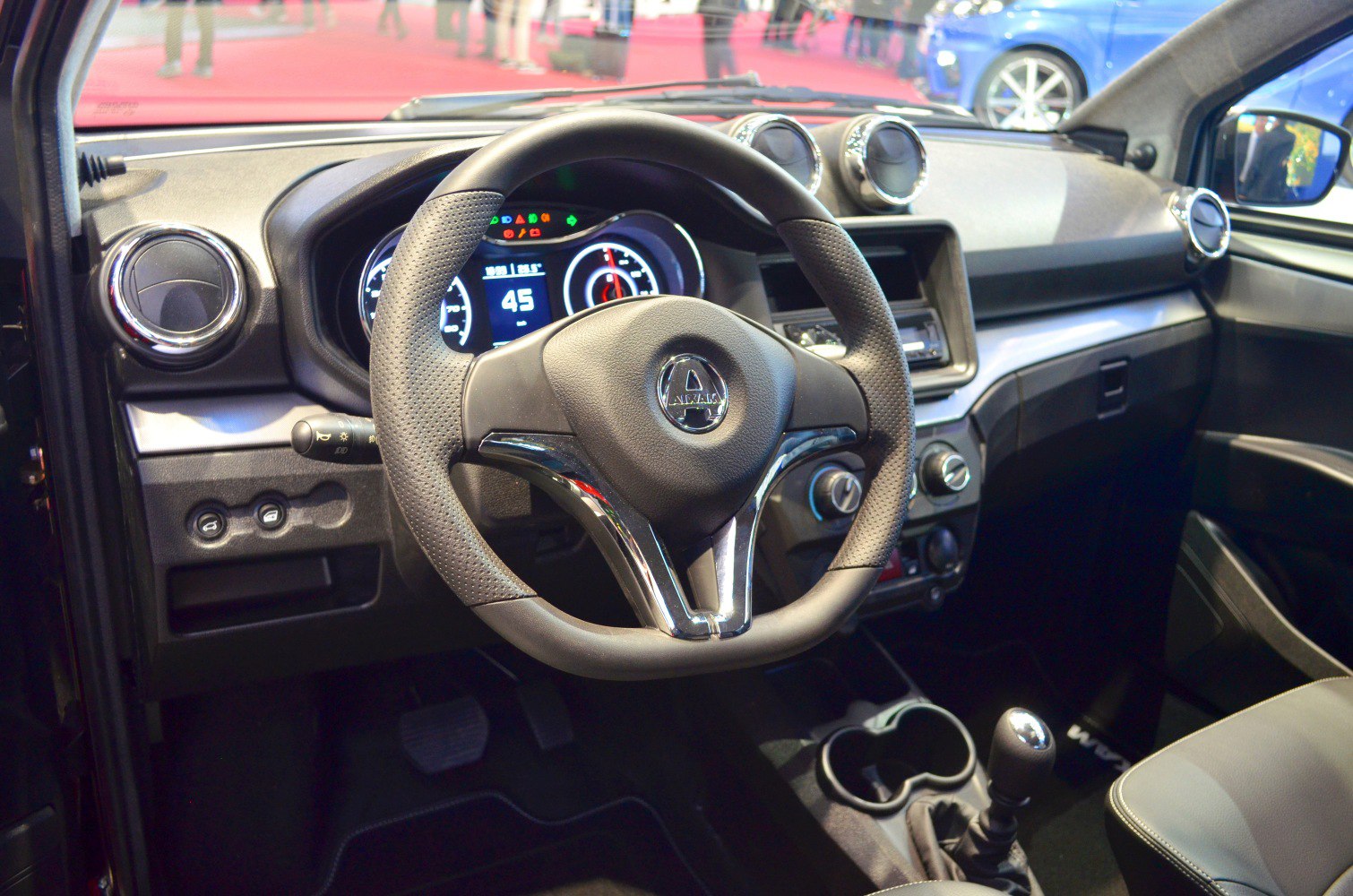 Interior dashboard and steering wheel with manual gear shift