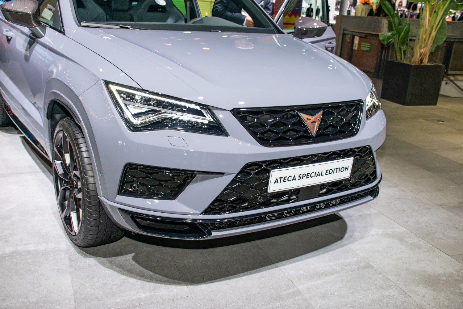 Sporty SUV front with aggressive headlights and black honeycomb grille