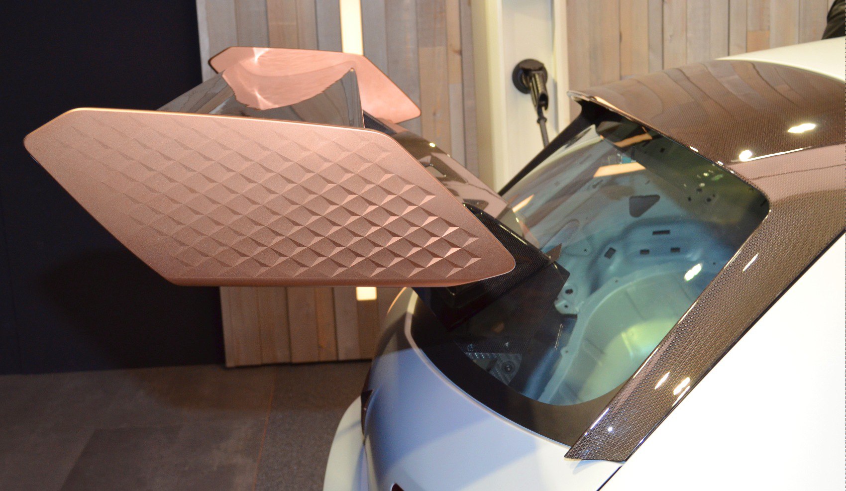 Textured rear wing and carbon fiber roof section