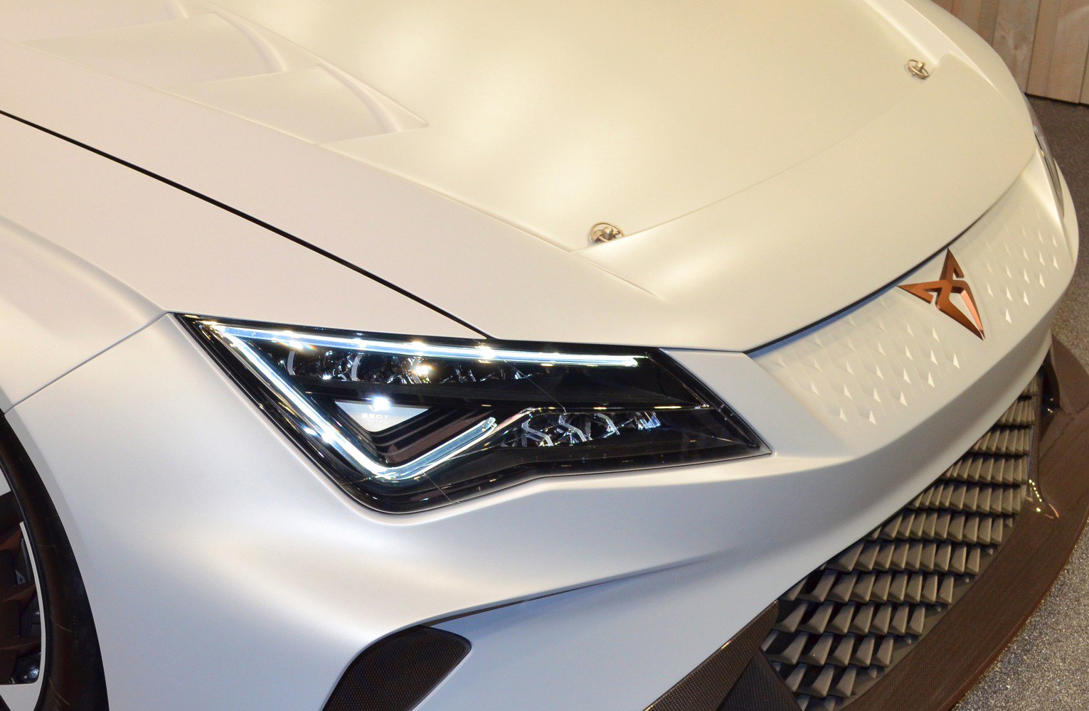 Close-up of front headlight and grille with emblem