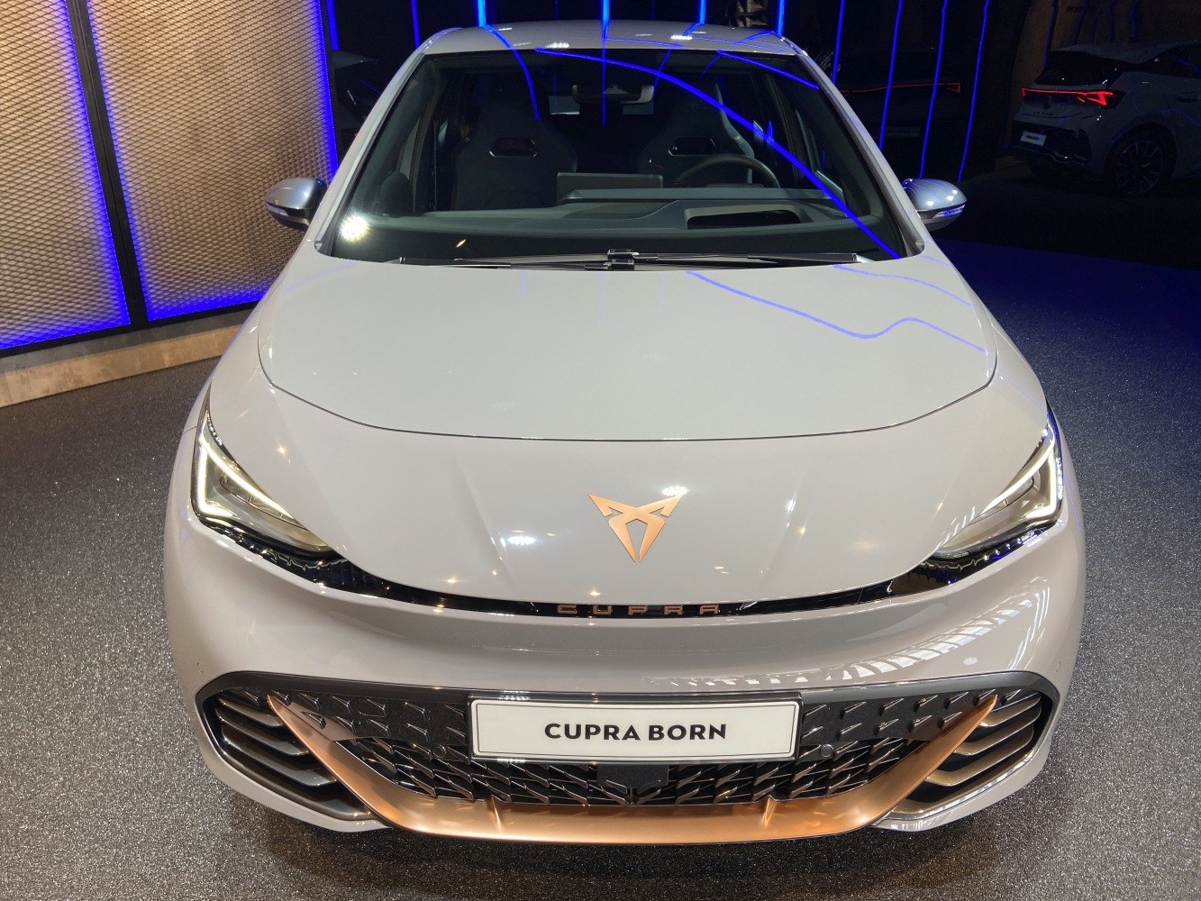 Front view with LED headlights and distinctive grille with copper accents