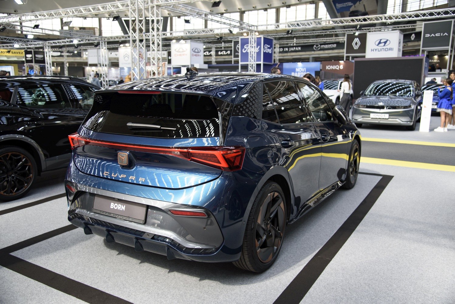 Rear view of sporty hatchback with LED taillights and sleek design