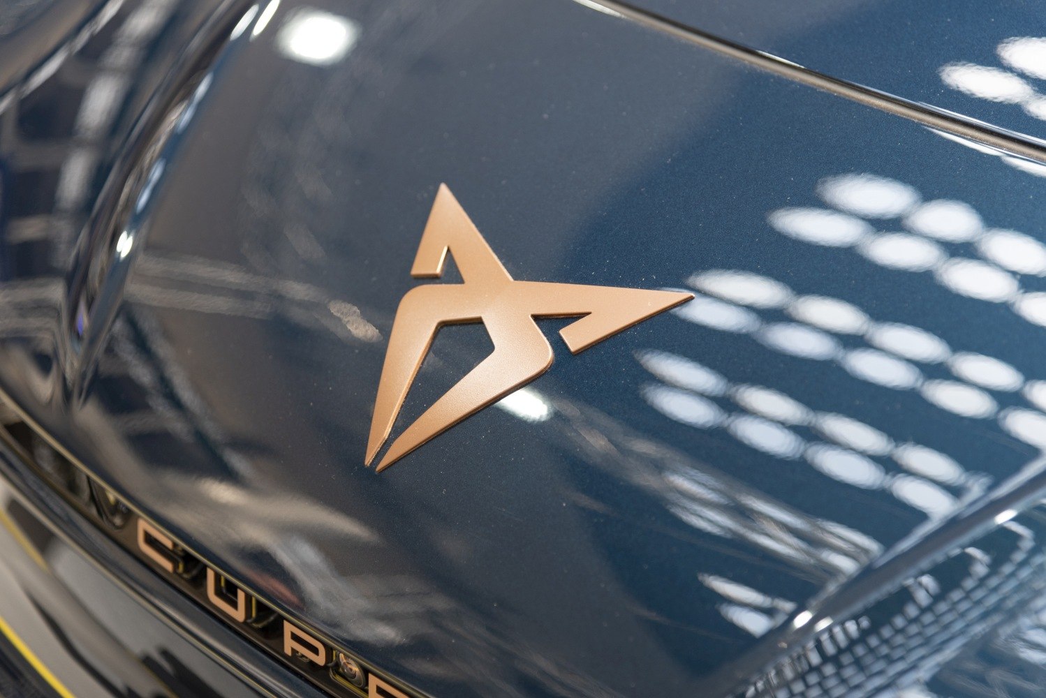 Close-up of a metallic car emblem on a dark hood surface