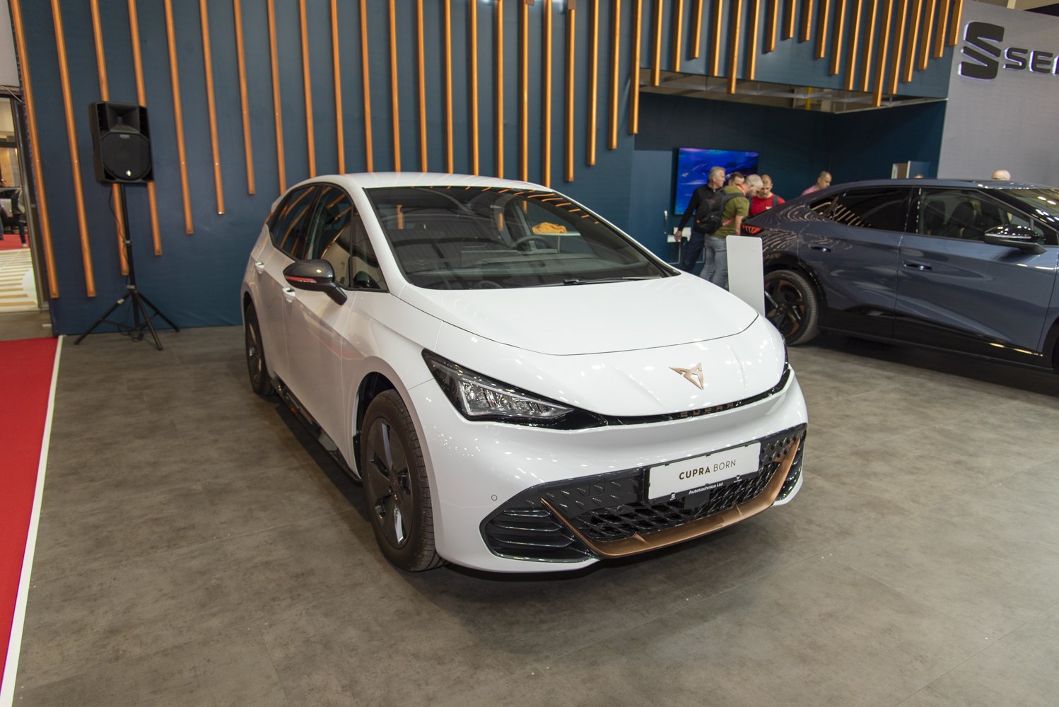 White electric hatchback with sleek headlights and distinctive grille