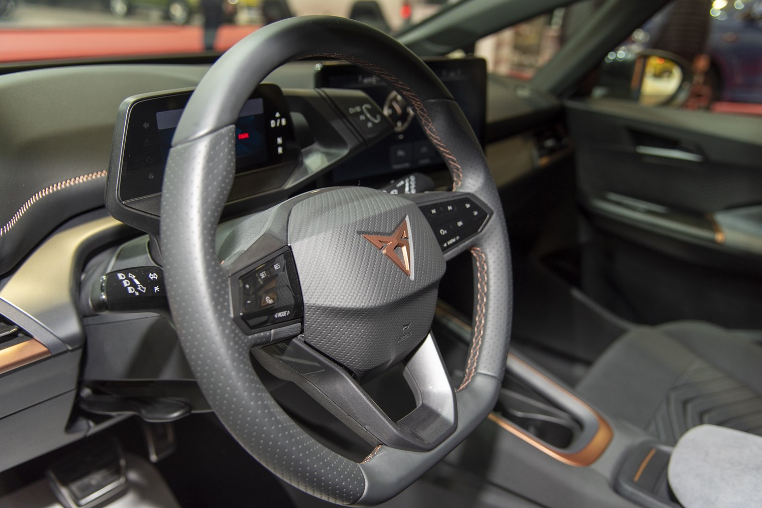Modern steering wheel and digital dashboard with control buttons