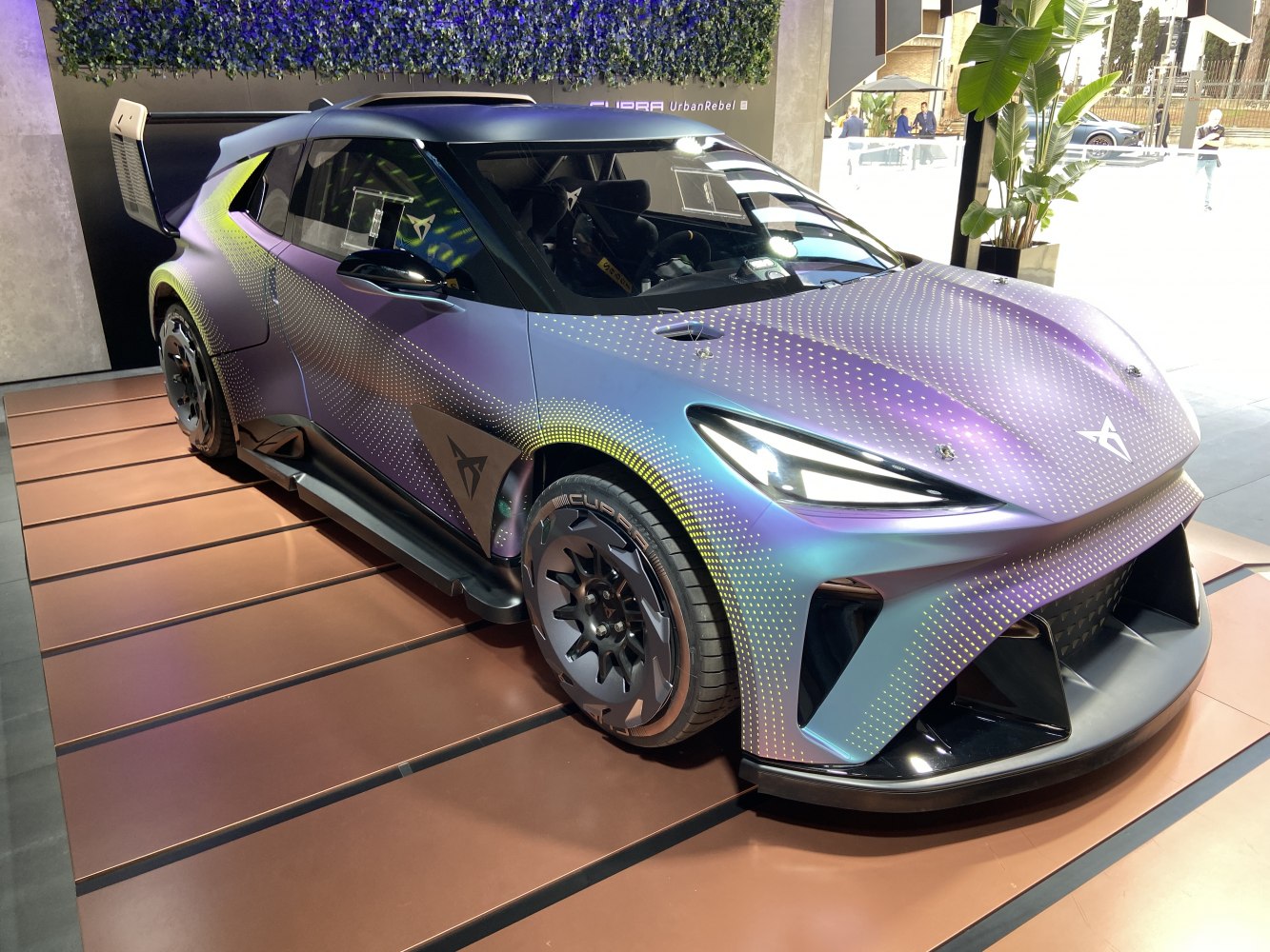 Electric hatchback with sharp aerodynamic styling and LED headlights