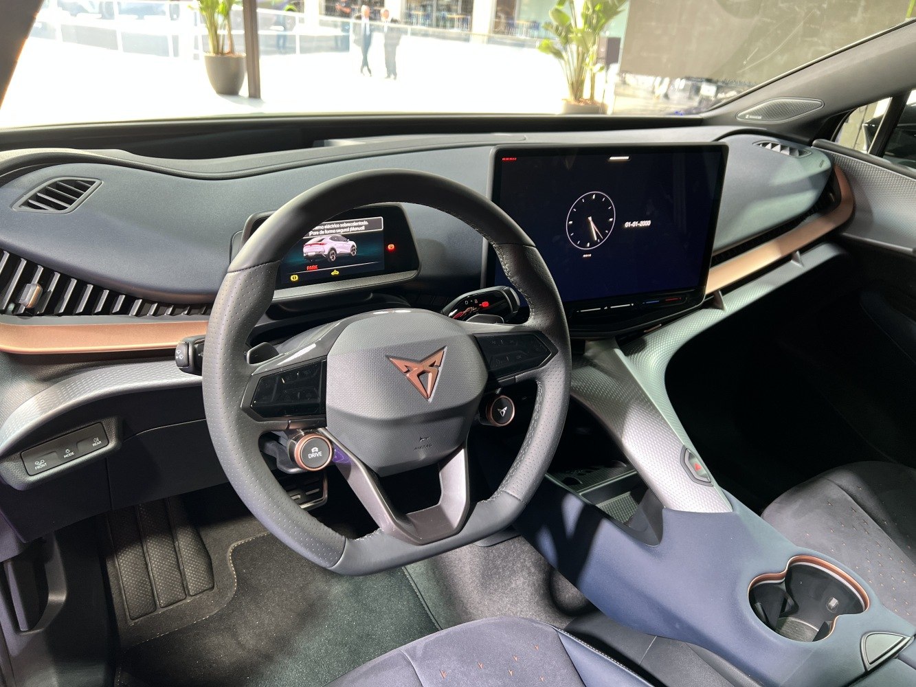 Digital dashboard and multifunction steering wheel in car interior