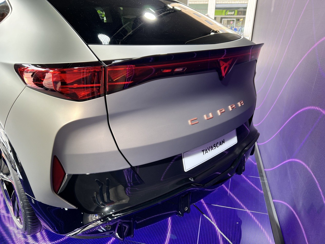 Rear taillights and badge of a modern electric SUV