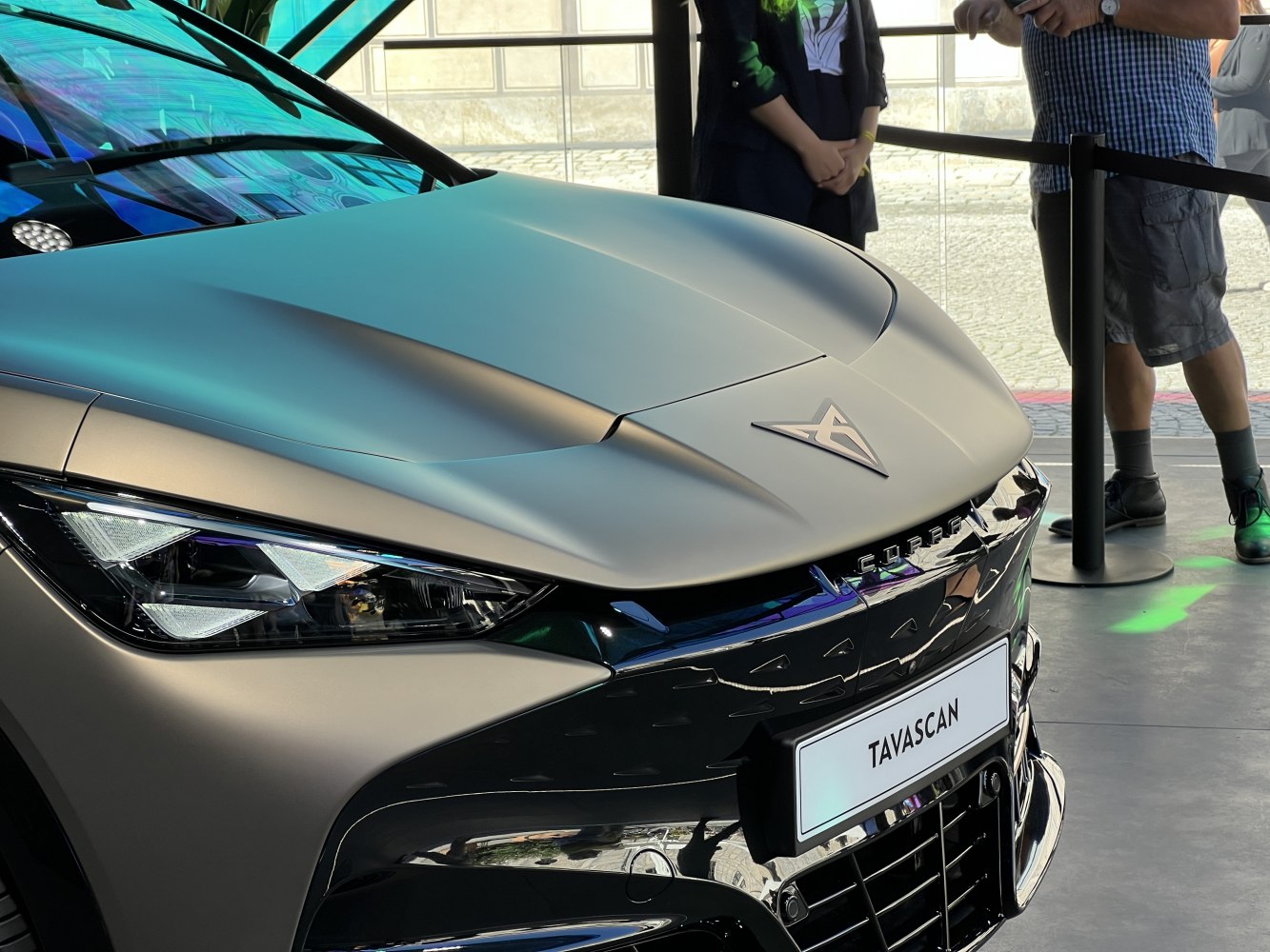 Close-up of sleek hood and detailed headlight design.