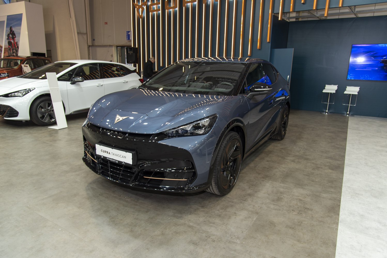 Sleek front design with aerodynamic headlights and black grille on an electric SUV.