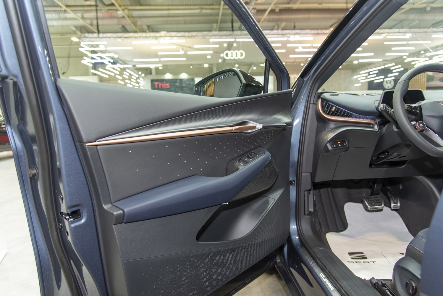 Interior door panel and dashboard with window controls and steering wheel