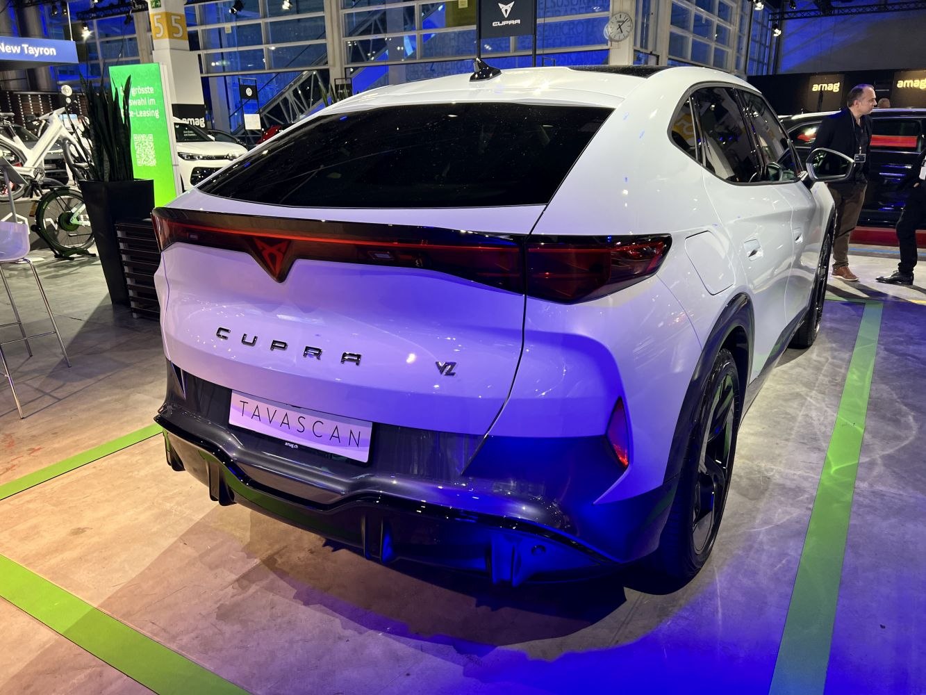 Electric SUV rear with LED light bar and integrated diffuser