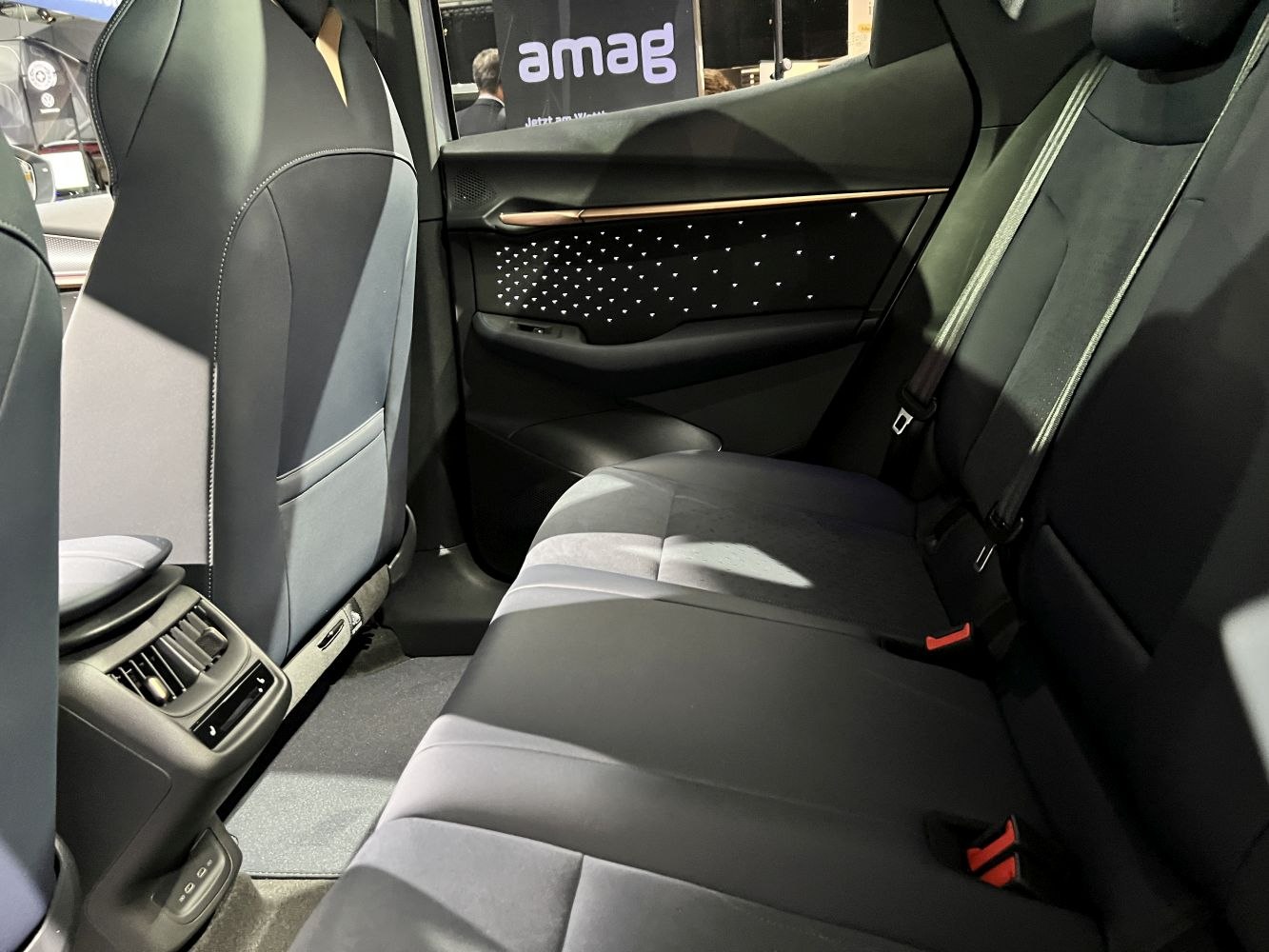 Rear seats with premium upholstery and ambient lighting on door panel.