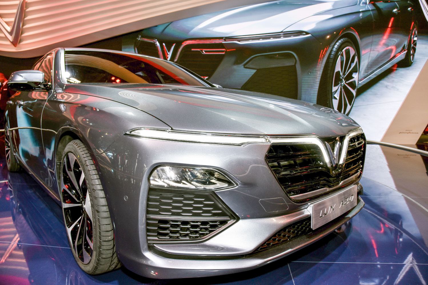 Front grille and LED headlights of a modern luxury vehicle