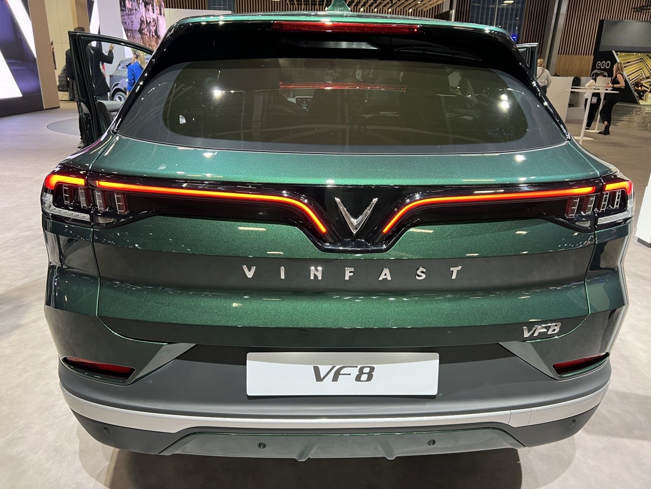 Rear of a modern vehicle with full-width LED tail lights and prominent emblem