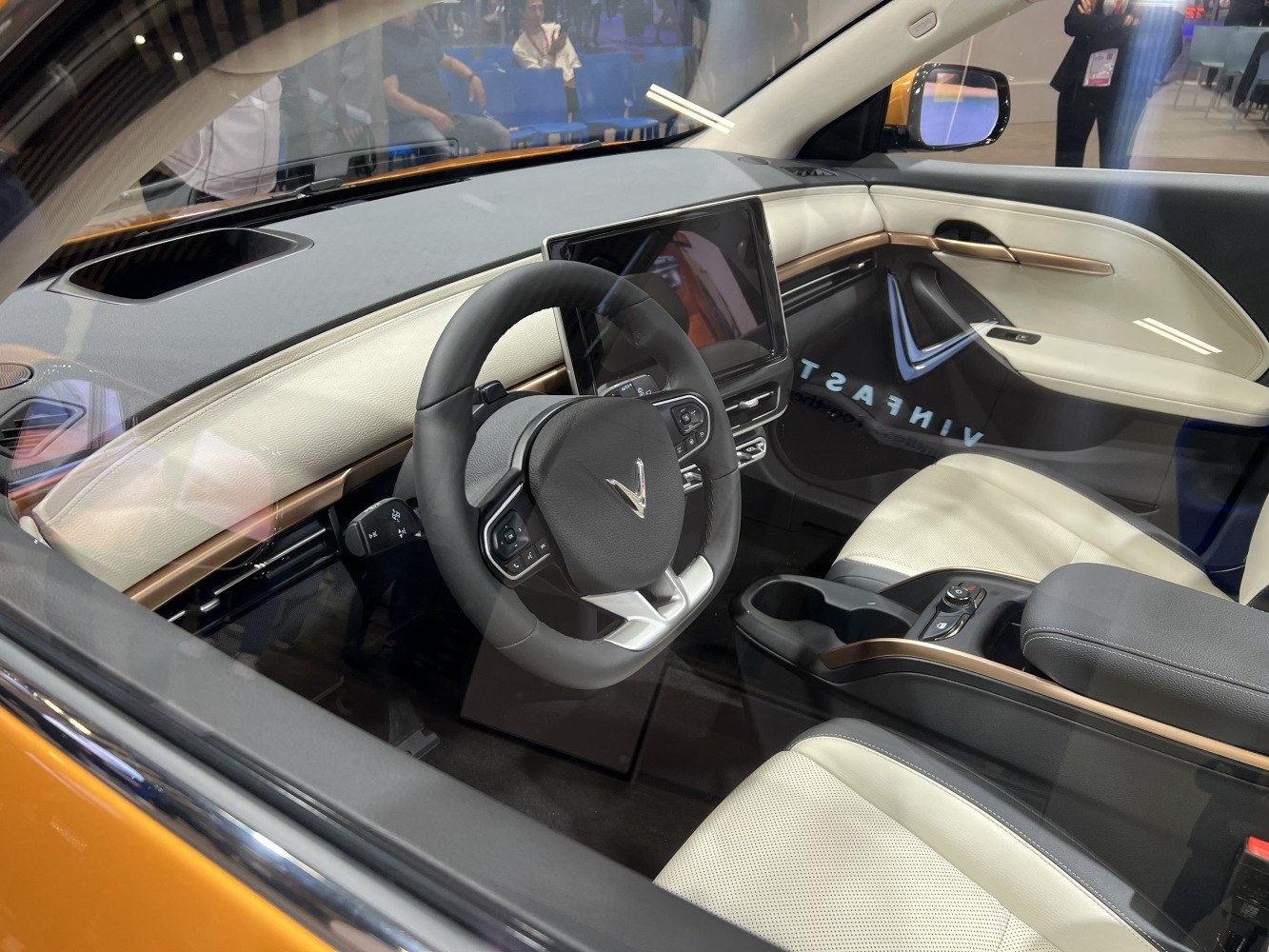 Digital touchscreen and multifunction steering wheel in a modern car interior