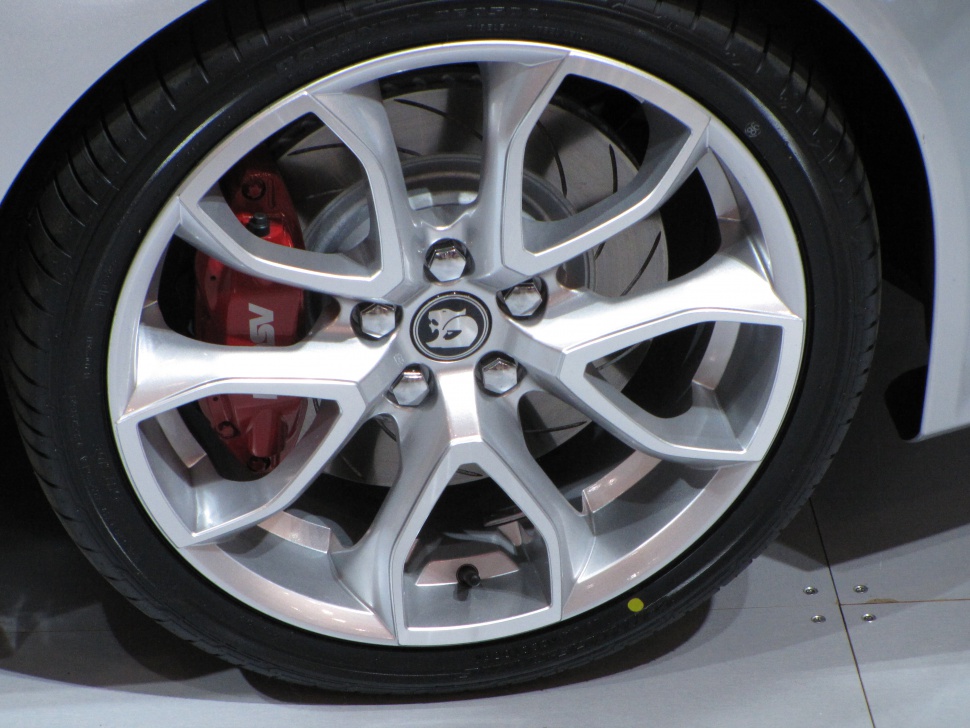 Silver multi-spoke alloy wheel with red brake caliper